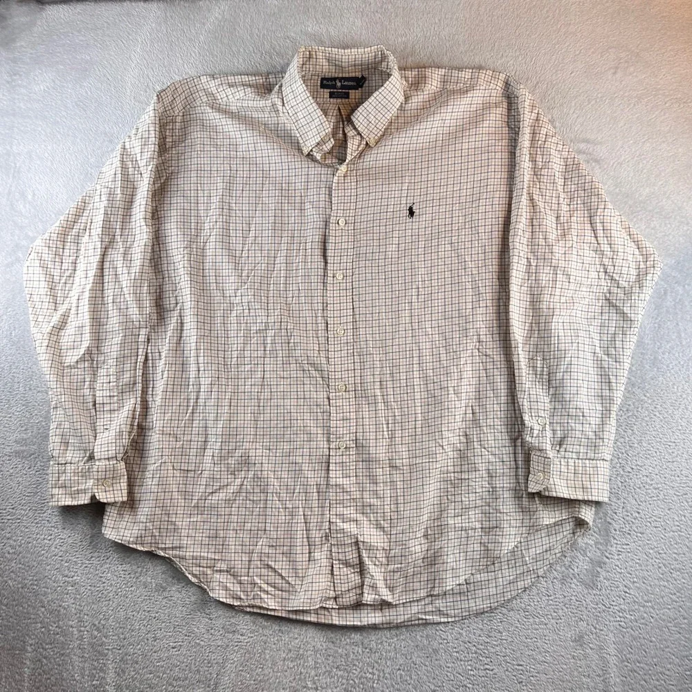 Polo Ralph Lauren Blake Button Down Shirt Mens XXL Cream Tan Blue Check READ